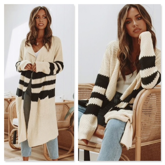 Rouge! Sweaters - Long Open Cardigan Knit Striped Off White